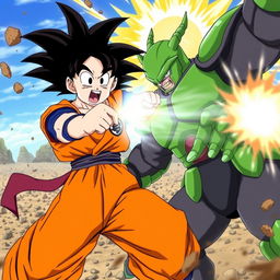 A powerful action scene from Dragon Ball Super, featuring Goku receiving a massive right hook from Broly
