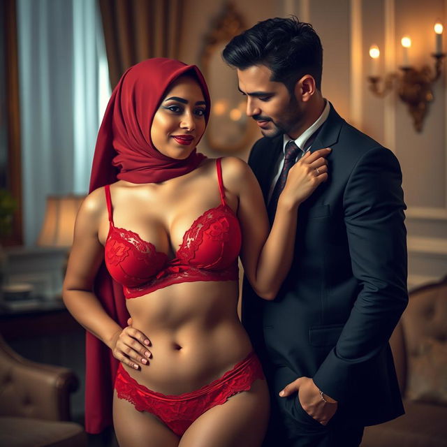 A vibrant scene featuring a hijab-wearing woman in a striking red bra and matching red underwear, adorned with delicate lace details