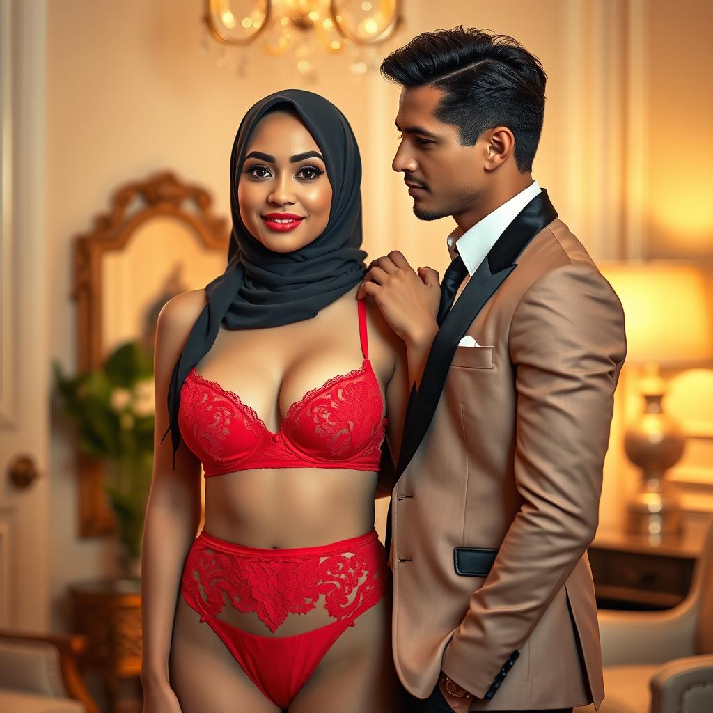 A vibrant scene featuring a hijab-wearing woman in a striking red bra and matching red underwear, adorned with delicate lace details