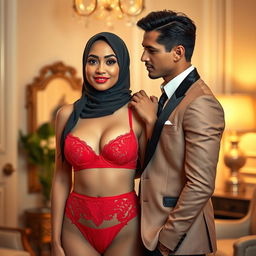 A vibrant scene featuring a hijab-wearing woman in a striking red bra and matching red underwear, adorned with delicate lace details