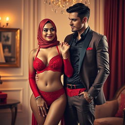 A vibrant scene featuring a hijab-wearing woman in a striking red bra and matching red underwear, adorned with delicate lace details