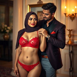 A vibrant scene featuring a hijab-wearing woman in a striking red bra and matching red underwear, adorned with delicate lace details