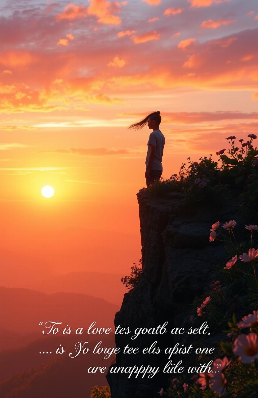 A serene and reflective scene depicting a person standing on a cliff overlooking a vast landscape at sunset, symbolizing self-love and acceptance