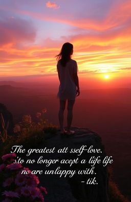 A serene and reflective scene depicting a person standing on a cliff overlooking a vast landscape at sunset, symbolizing self-love and acceptance