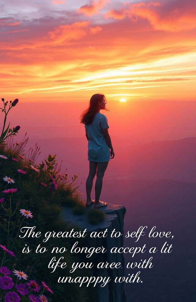 A serene and reflective scene depicting a person standing on a cliff overlooking a vast landscape at sunset, symbolizing self-love and acceptance