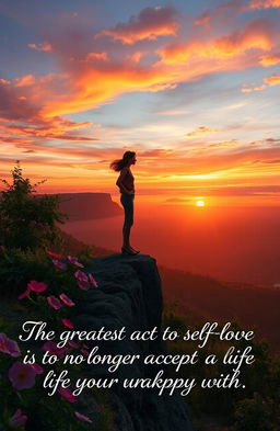 A serene and reflective scene depicting a person standing on a cliff overlooking a vast landscape at sunset, symbolizing self-love and acceptance