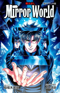 A captivating manga cover featuring a man with a strong, focused expression, holding a levitating cube-shaped mirror
