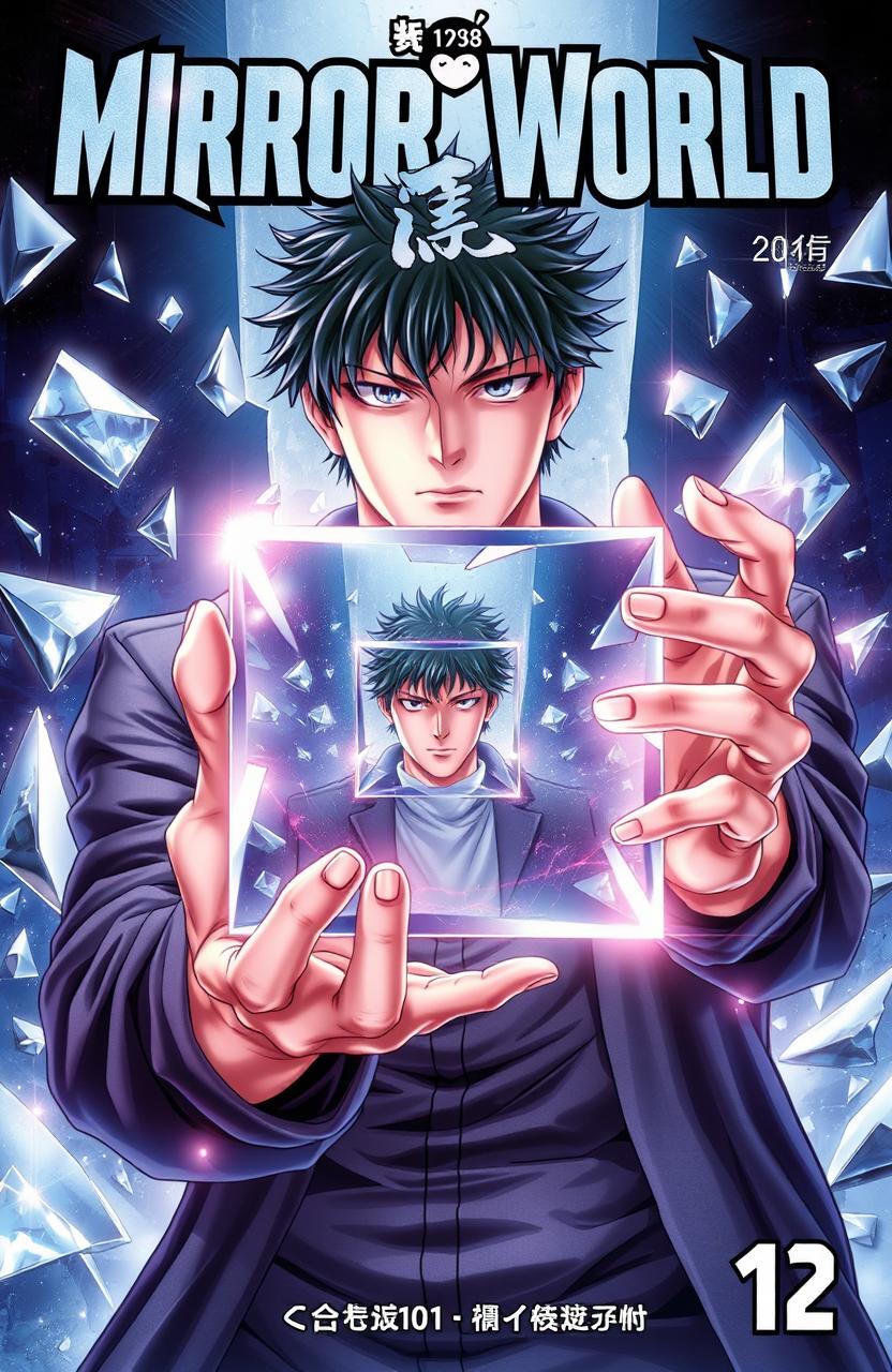 A captivating manga cover featuring a man with a strong, focused expression, holding a levitating cube-shaped mirror