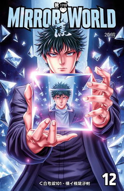 A captivating manga cover featuring a man with a strong, focused expression, holding a levitating cube-shaped mirror