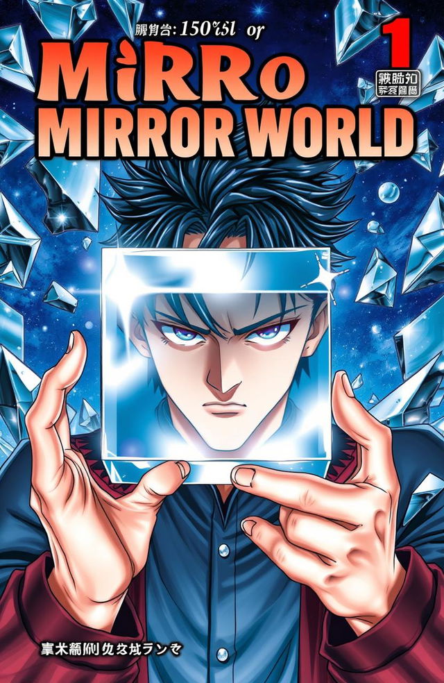 A captivating manga cover featuring a man with a strong, focused expression, holding a levitating cube-shaped mirror