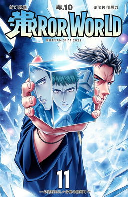 A captivating manga cover featuring a man with a strong, focused expression, holding a levitating cube-shaped mirror
