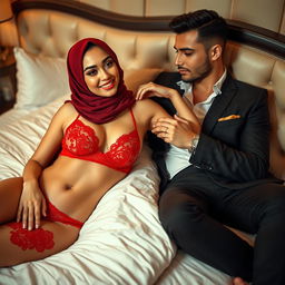 A vibrant scene on a luxurious bed featuring a hijab-wearing woman adorned in a striking red bra and matching red underwear, with intricate lace detailing