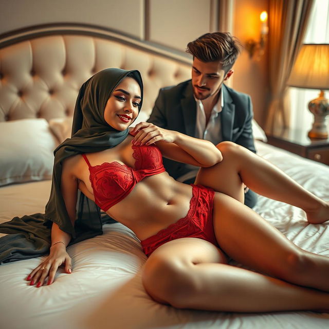 A vibrant scene on a luxurious bed featuring a hijab-wearing woman adorned in a striking red bra and matching red underwear, with intricate lace detailing