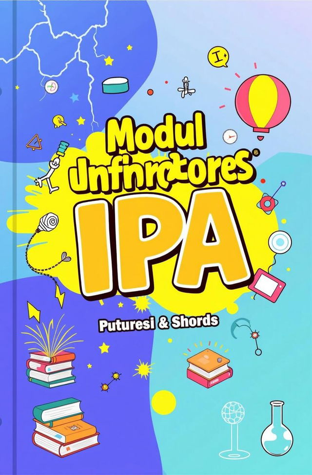 An illustrated book cover for an educational module titled "Modul Pembelajaran IPA"