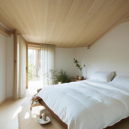 A serene and minimalist bedroom featuring Japandi style interiors, with concepts of Scandinavian and Japanese aesthetics. Harmonious blend of light wooden accents, neutral color palettes, organic textures, and indoor greenery creates a tranquil space.