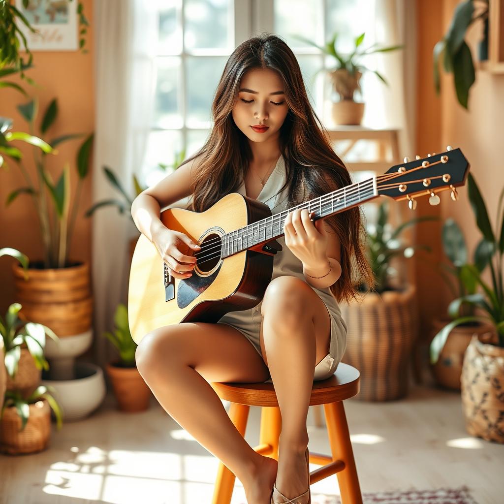 A beautiful Asian woman with long, flowing brown hair, sitting gracefully on a wooden stool while playing an acoustic guitar