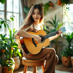 A beautiful Asian woman with long, flowing brown hair, sitting gracefully on a wooden stool while playing an acoustic guitar