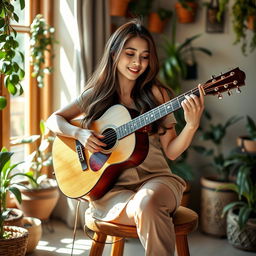 A beautiful Asian woman with long, flowing brown hair, sitting gracefully on a wooden stool while playing an acoustic guitar