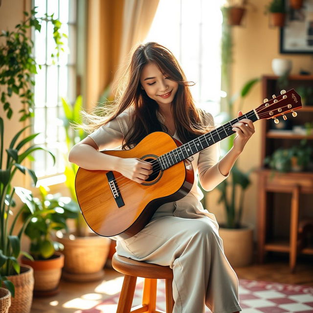 A beautiful Asian woman with long, flowing brown hair, sitting gracefully on a wooden stool while playing an acoustic guitar