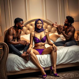 A captivating scene featuring a Chinese hijab-wearing woman in a luxurious purple bra and matching purple underwear, complemented by stylish high heels