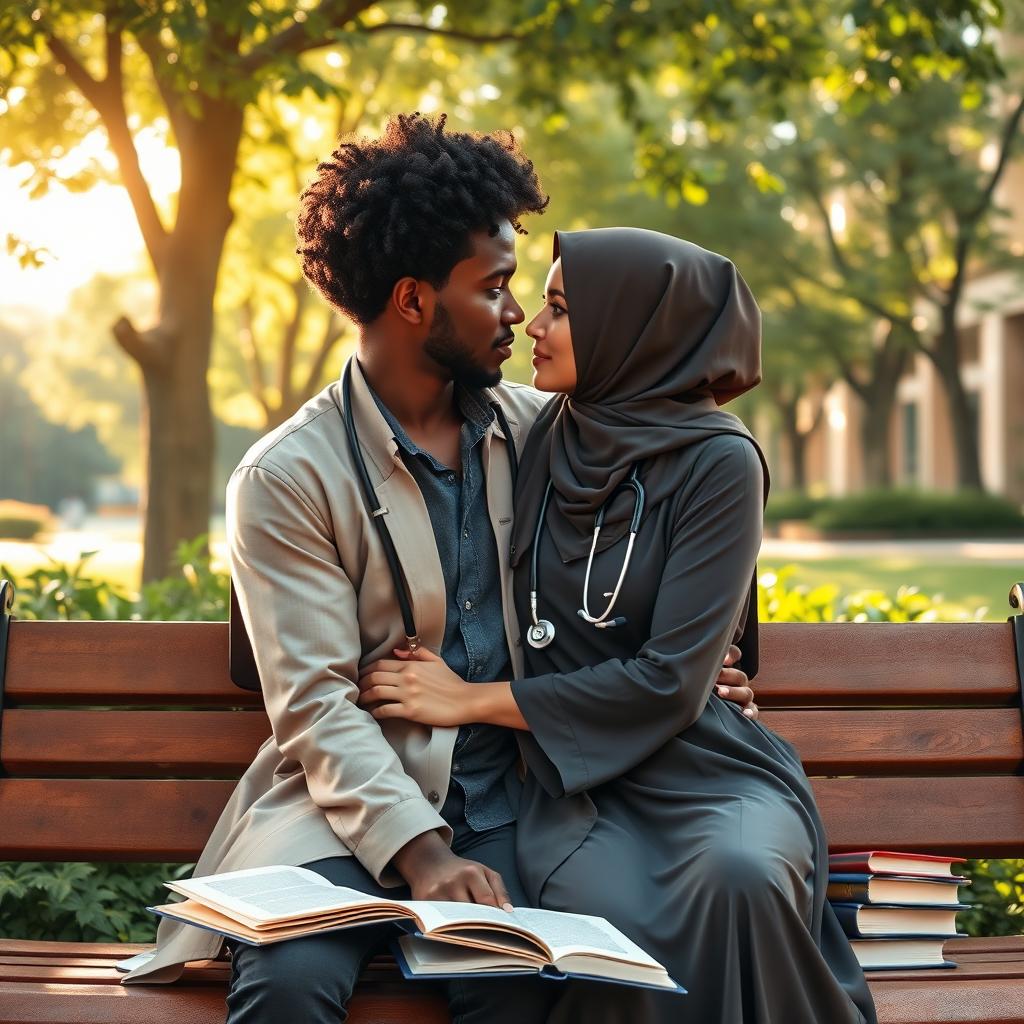 A romantic scene depicting a dark-skinned man with curly hair and a woman in a hijab, set in a medical university environment