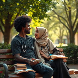 A romantic scene depicting a dark-skinned man with curly hair and a woman in a hijab, set in a medical university environment