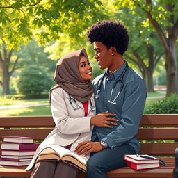 A romantic scene depicting a dark-skinned man with curly hair and a woman in a hijab, set in a medical university environment
