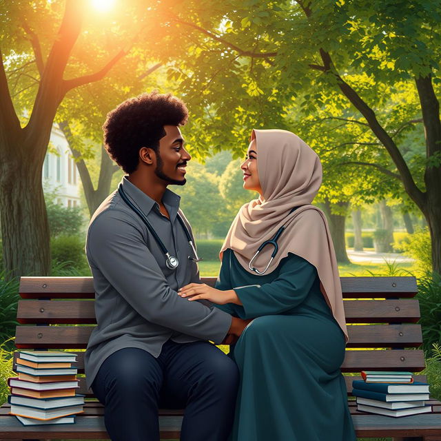 A romantic scene depicting a dark-skinned man with curly hair and a woman in a hijab, set in a medical university environment