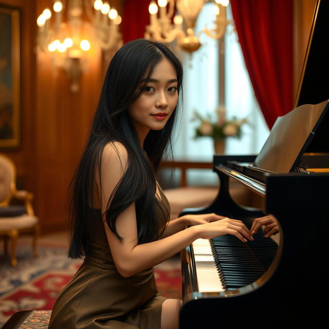 A beautiful Asian woman seated at a grand piano, her long, silky black hair cascading over her shoulders