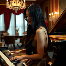 A beautiful Asian woman seated at a grand piano, her long, silky black hair cascading over her shoulders