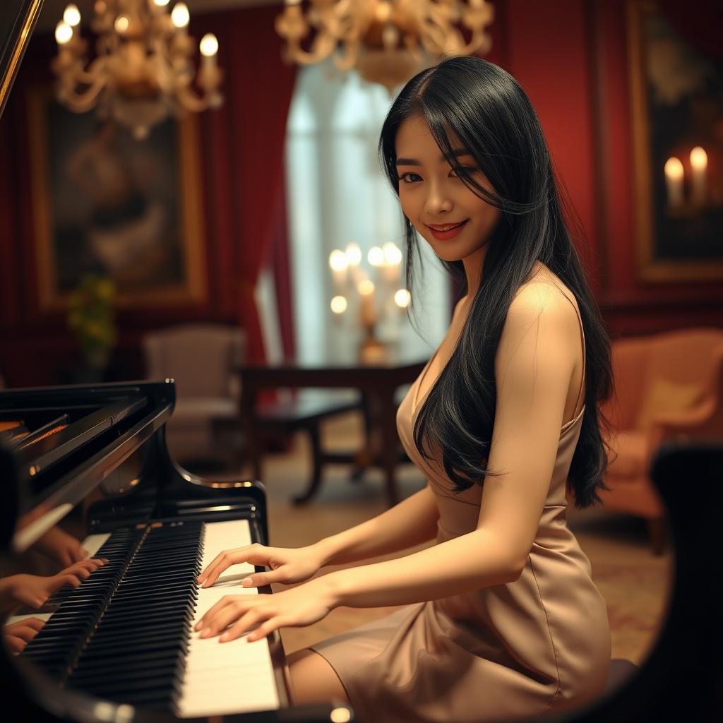 A beautiful Asian woman seated at a grand piano, her long, silky black hair cascading over her shoulders