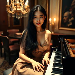 A beautiful Asian woman seated at a grand piano, her long, silky black hair cascading over her shoulders