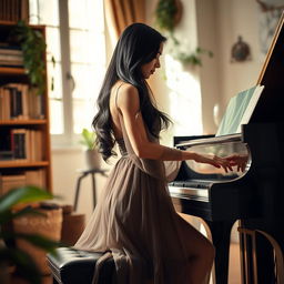 A beautiful Asian woman elegantly playing a grand piano, capturing the serenity of a classical music performance