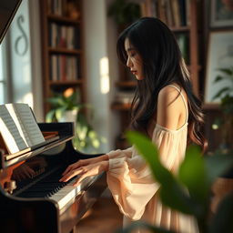 A beautiful Asian woman elegantly playing a grand piano, capturing the serenity of a classical music performance