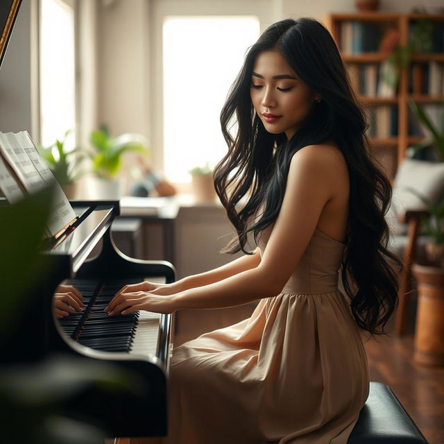 A beautiful Asian woman elegantly playing a grand piano, capturing the serenity of a classical music performance