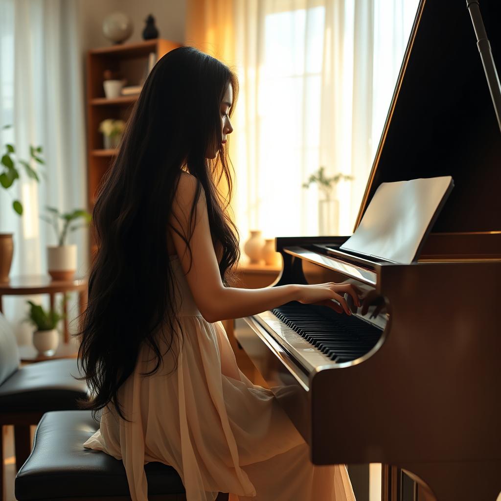 A beautiful Asian woman gracefully playing a grand piano