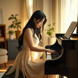 A beautiful Asian woman gracefully playing a grand piano