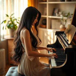 A beautiful Asian woman gracefully playing a grand piano