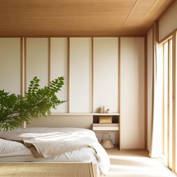 A serene and minimalist bedroom featuring Japandi style interiors, with concepts of Scandinavian and Japanese aesthetics. Harmonious blend of light wooden accents, neutral color palettes, organic textures, and indoor greenery creates a tranquil space.