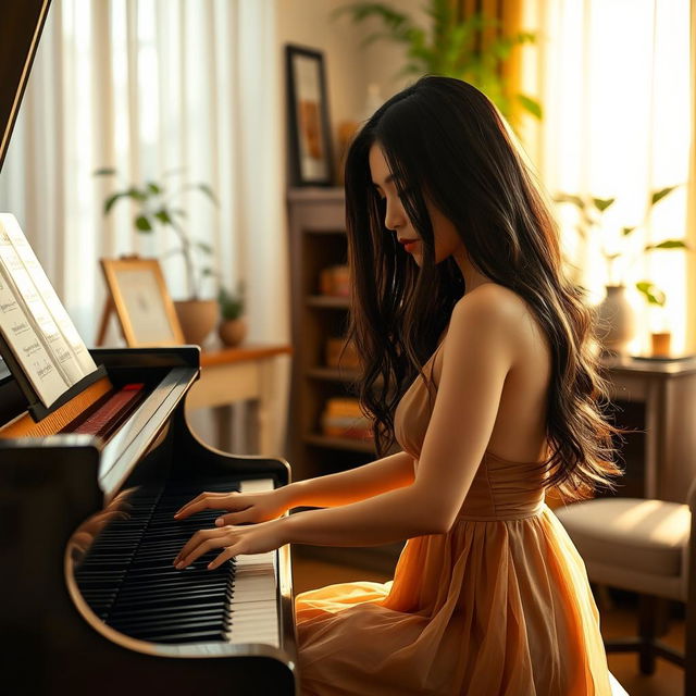 A beautiful Asian woman gracefully playing a grand piano