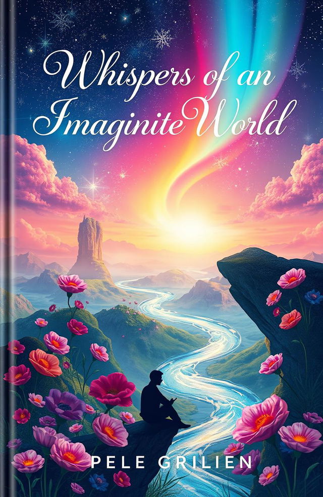 A whimsical and enchanting book cover design for a poetry book titled 'Whispers of an Imaginary World'