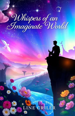 A whimsical and enchanting book cover design for a poetry book titled 'Whispers of an Imaginary World'