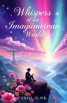 A whimsical and enchanting book cover design for a poetry book titled 'Whispers of an Imaginary World'