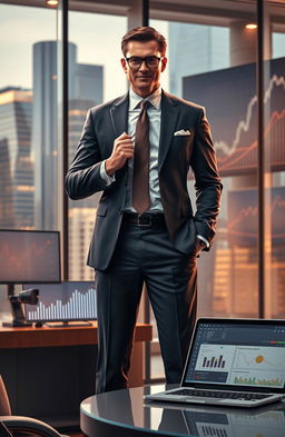 An insightful and sharp portrayal of corporate culture, featuring a suit-clad individual standing confidently in a sleek, modern office environment