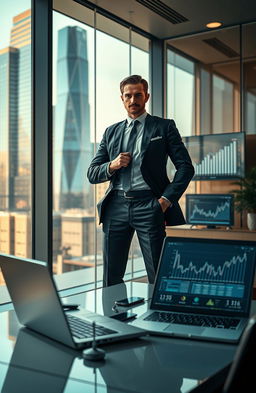 An insightful and sharp portrayal of corporate culture, featuring a suit-clad individual standing confidently in a sleek, modern office environment