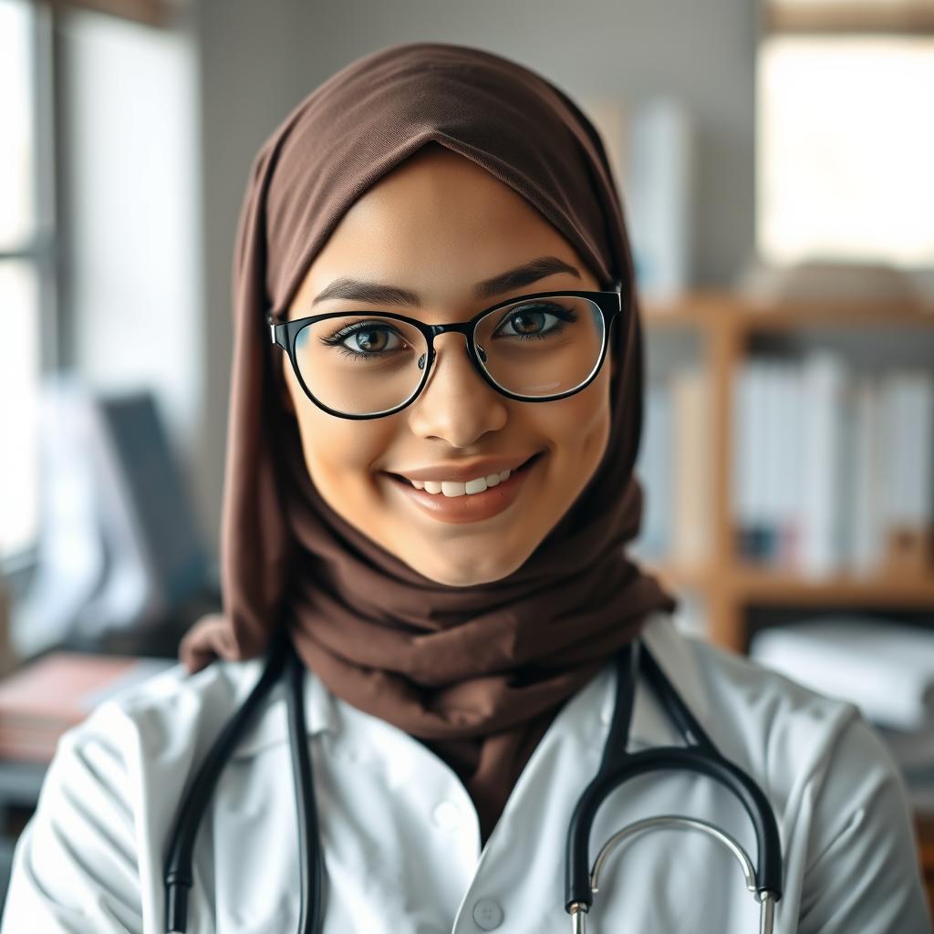 A beautiful female medical student with hazel eyes, wearing glasses and a jersey hijab