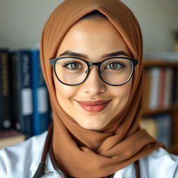 A beautiful female medical student with hazel eyes, wearing glasses and a jersey hijab