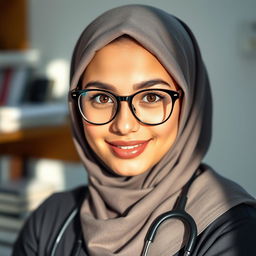 A beautiful female medical student with hazel eyes, wearing glasses and a jersey hijab