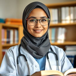 A beautiful female medical student with hazel eyes, wearing glasses and a jersey hijab