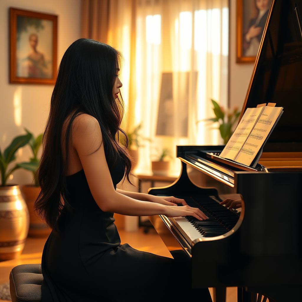 A beautiful Asian woman passionately playing a grand piano